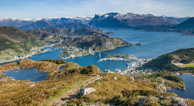 Aerial landscape view of the Norwegian city of Måløy