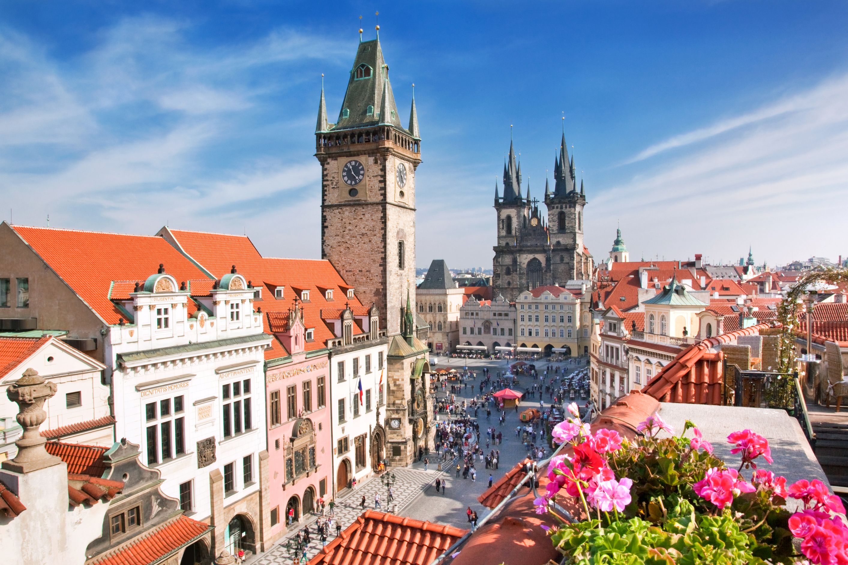 Old Town Square, Astronomical Clock and Týn  Church, Prague, Czech Republic