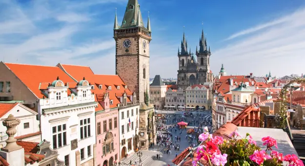 Old Town Square, Astronomical Clock and Týn  Church, Prague, Czech Republic
