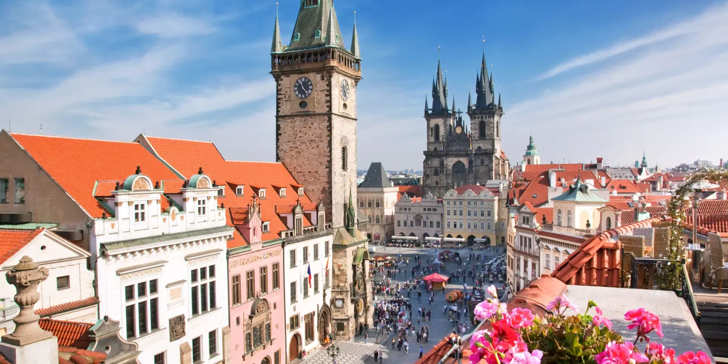 Old Town Square, Astronomical Clock and Týn  Church, Prague, Czech Republic