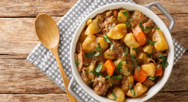 Scottish Stovie, traditional comfort food with potatoes, meat and other vegetables 