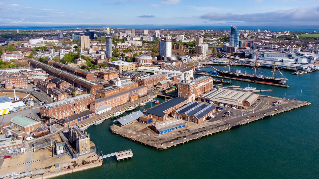 Portsmouth historic dockyard and Royal Navy's ancient HMS Warrior warship