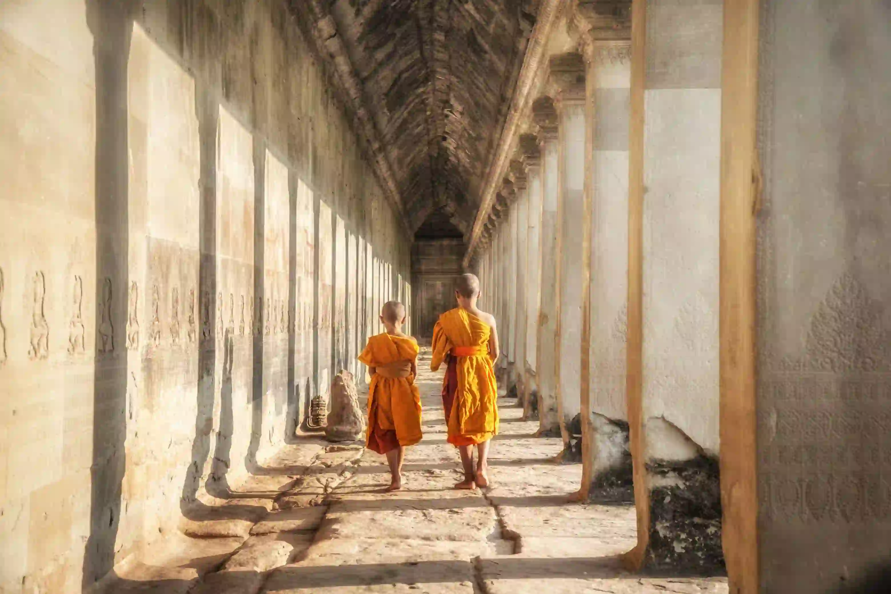 Two neophytes, novice Buddhist monks, Angkor Wat, Siem Reap, Cambodia